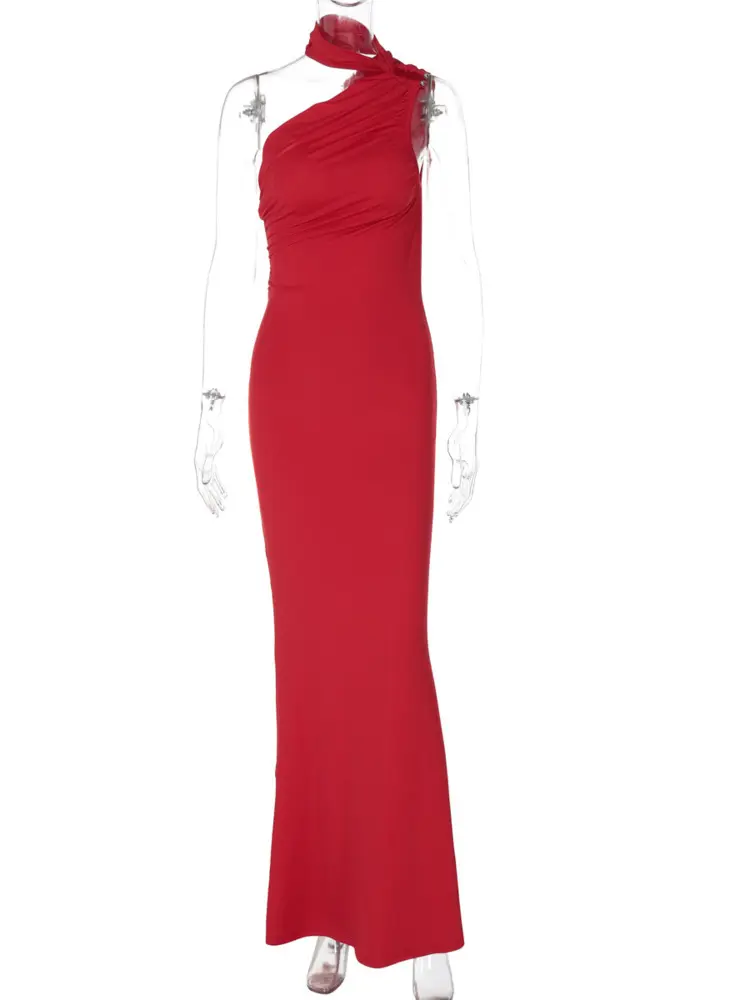 Mozision Halter Backless Sexy Maxi Dress Women Summer New Inclined Shoulder Sleeveless High Waist Bodycon Elegant Long Dress