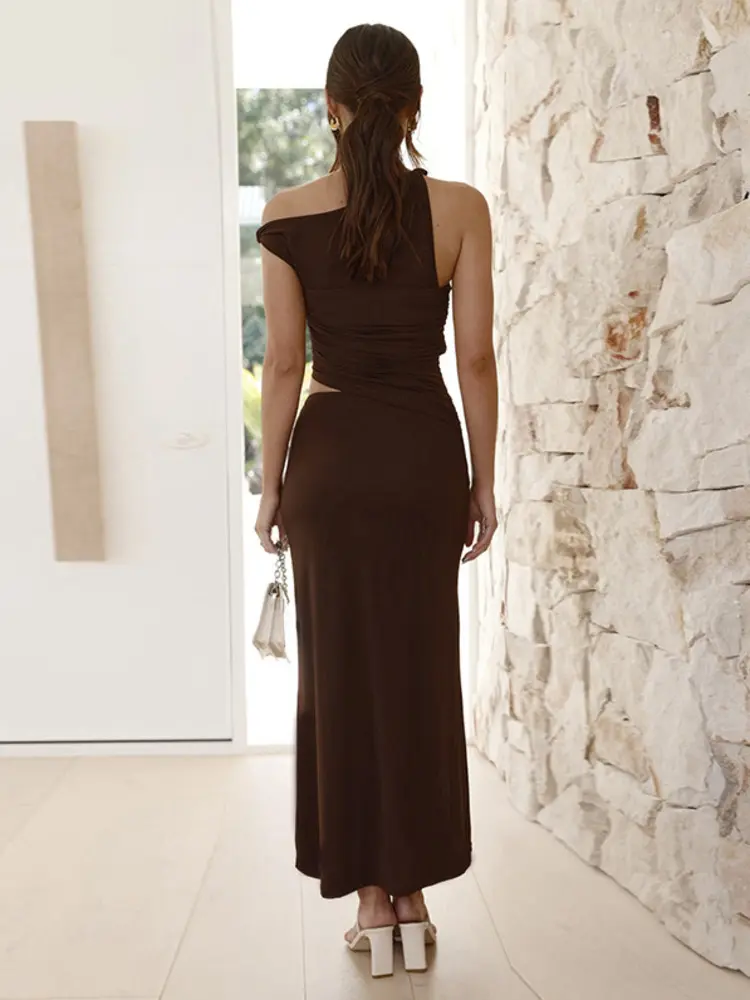 Mozision Diagonal Collar Backless Sexy Maxi Dress Women Gown Summer New Sleeveless Sheer Mesh Hollow Out Elegant Long Dress