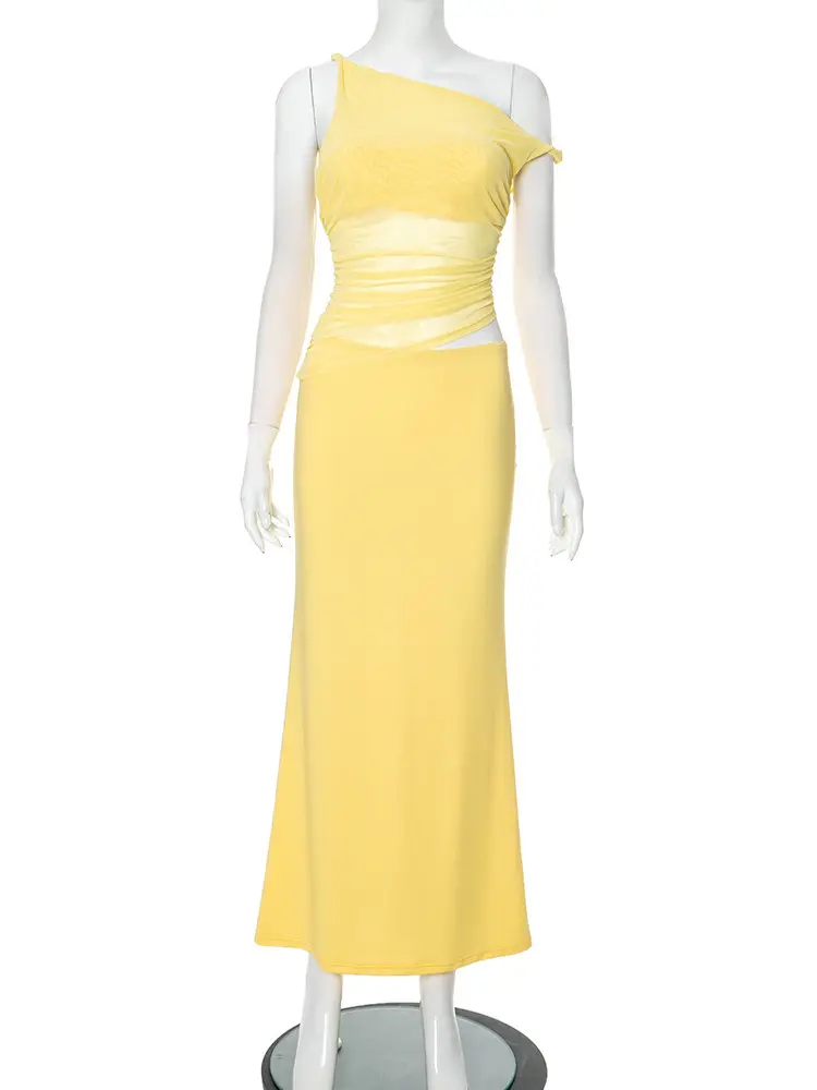Mozision Diagonal Collar Backless Sexy Maxi Dress Women Gown Summer New Sleeveless Sheer Mesh Hollow Out Elegant Long Dress