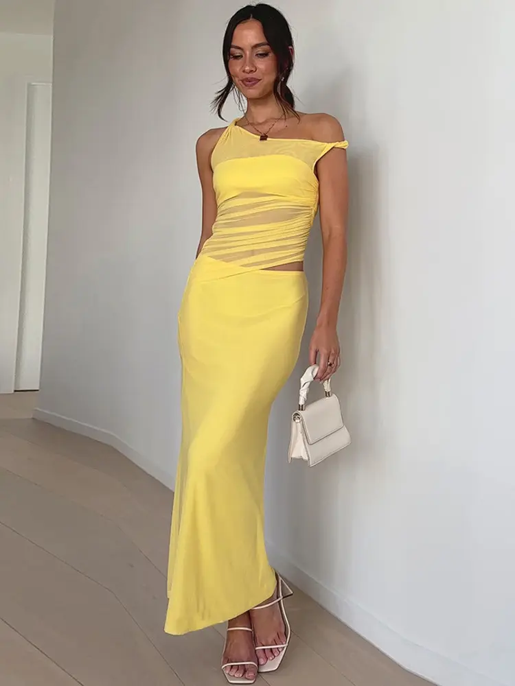 Mozision Diagonal Collar Backless Sexy Maxi Dress Women Gown Summer New Sleeveless Sheer Mesh Hollow Out Elegant Long Dress