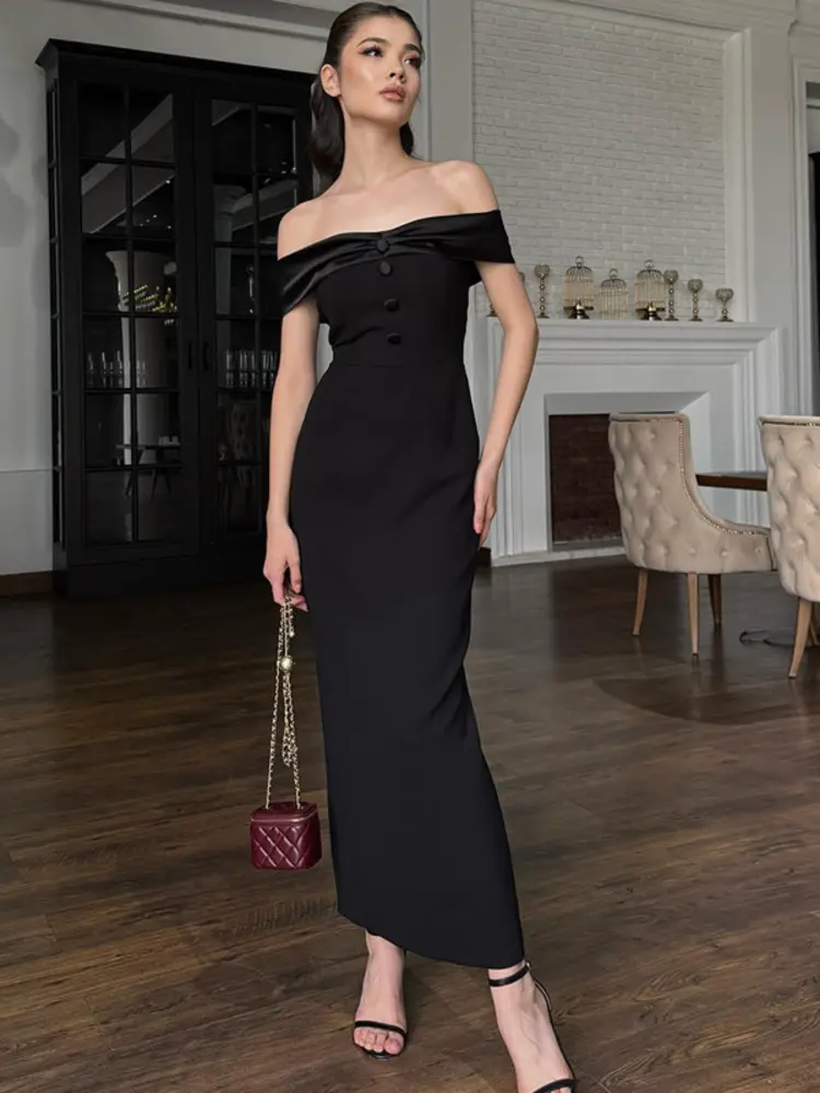 Mozision Off-shoulder Strapless Sexy Maxi Dress Women Black Elegant High Waist Sleeveless Backless Bodycon Split Sexy Club Dress