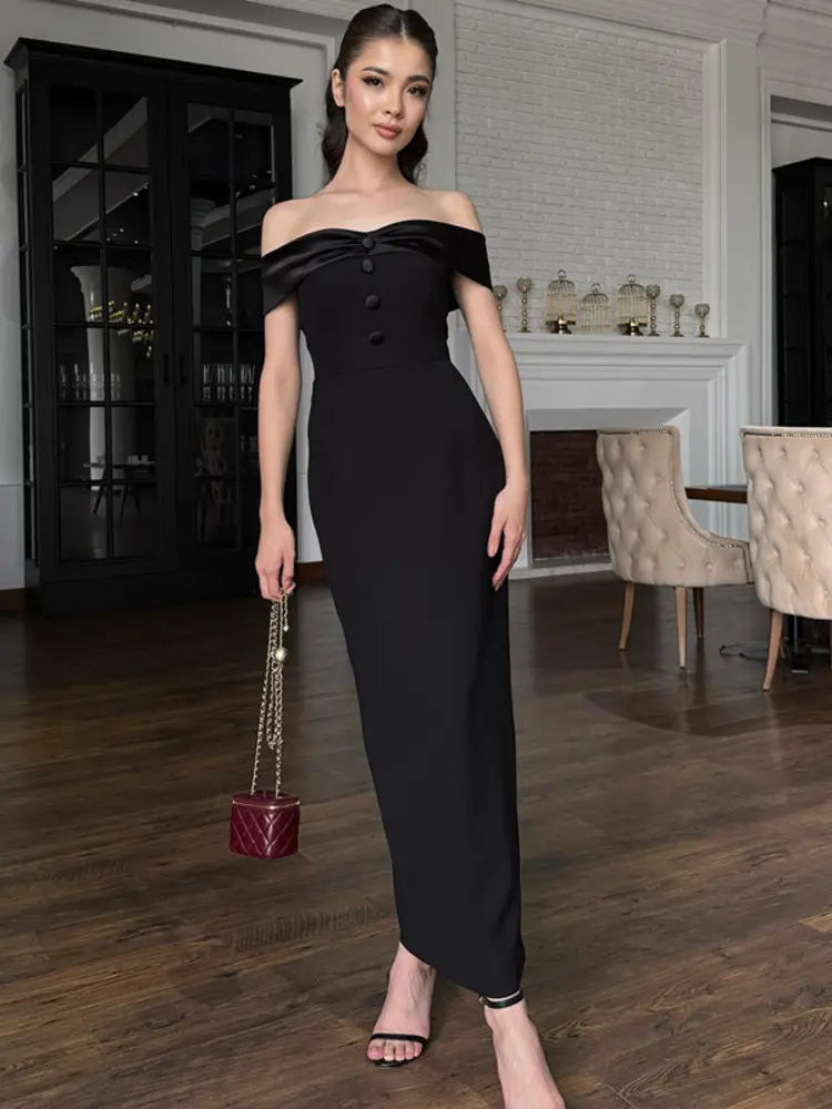 Mozision Off-shoulder Strapless Sexy Maxi Dress Women Black Elegant High Waist Sleeveless Backless Bodycon Split Sexy Club Dress