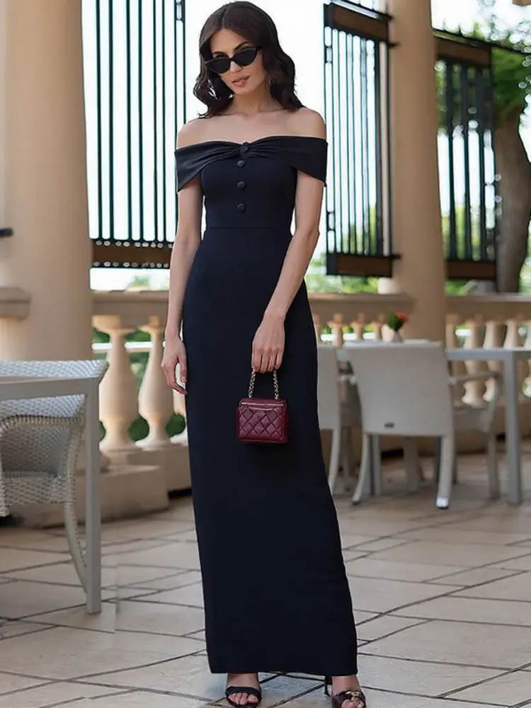 Mozision Off-shoulder Strapless Sexy Maxi Dress Women Black Elegant High Waist Sleeveless Backless Bodycon Split Sexy Club Dress