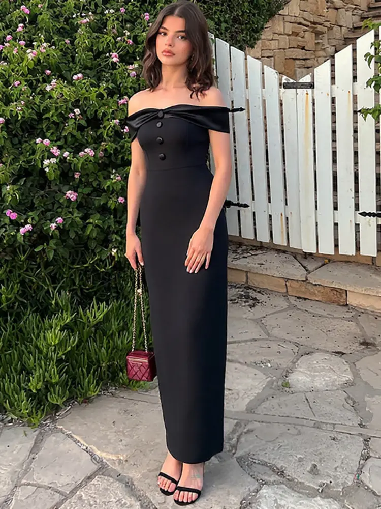 Mozision Off-shoulder Strapless Sexy Maxi Dress Women Black Elegant High Waist Sleeveless Backless Bodycon Split Sexy Club Dress