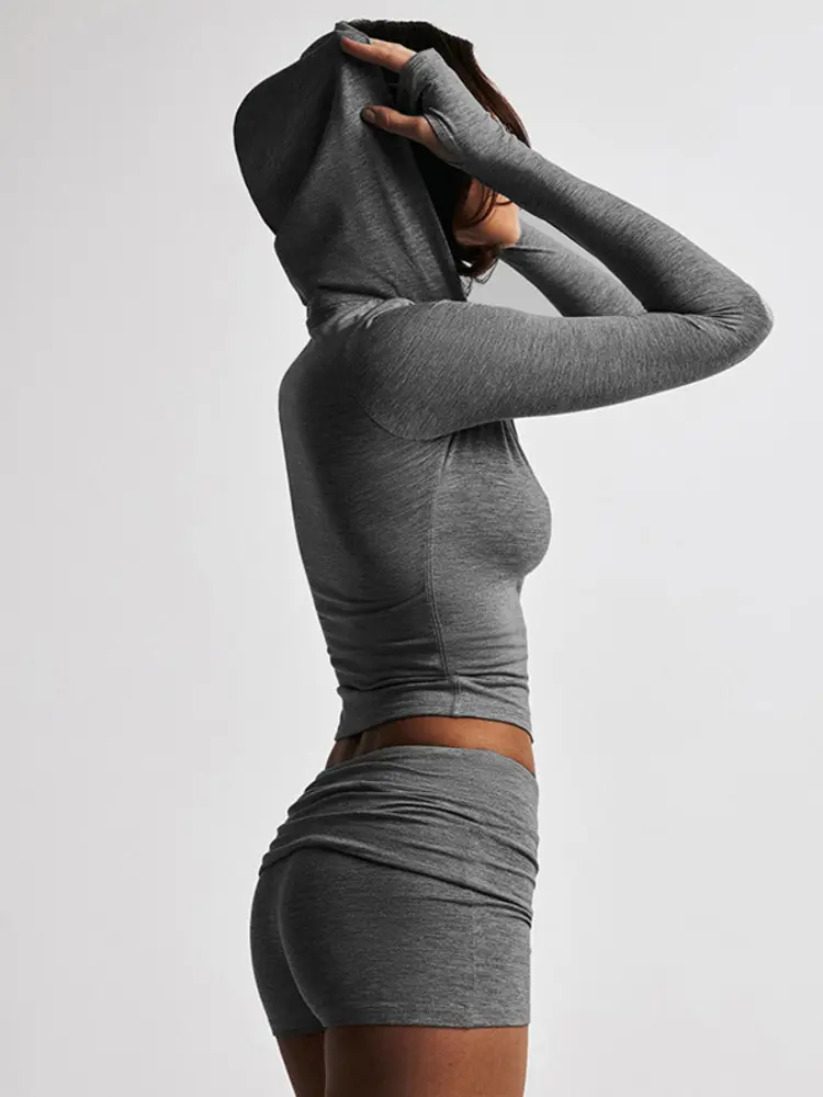 Mozision Fashion Hooded Shorts Set Women Zipper Long-sleeved Hooded Top And Shorts Female Matching Sets Casual Sports Outfit