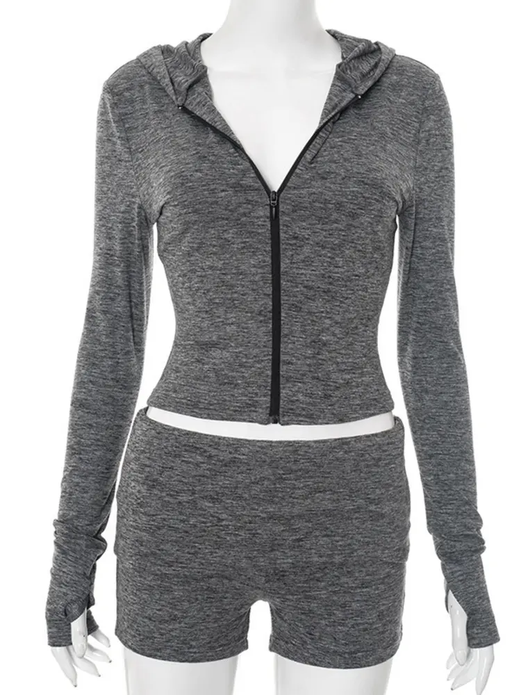 Mozision Fashion Hooded Shorts Set Women Zipper Long-sleeved Hooded Top And Shorts Female Matching Sets Casual Sports Outfit