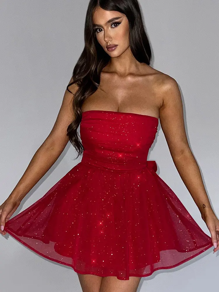 Mozision Mesh Strapless Sparkle Sexy Mini Dress For Women Fashion Backless Bow Pleated Dresses Femme Club Party Dress Elegant