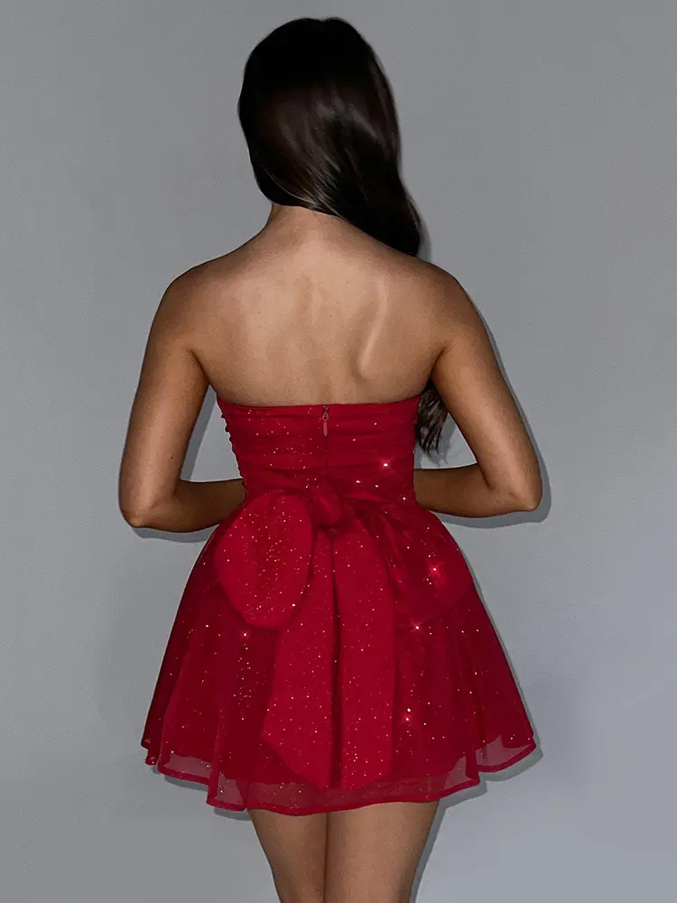 Mozision Mesh Strapless Sparkle Sexy Mini Dress For Women Fashion Backless Bow Pleated Dresses Femme Club Party Dress Elegant