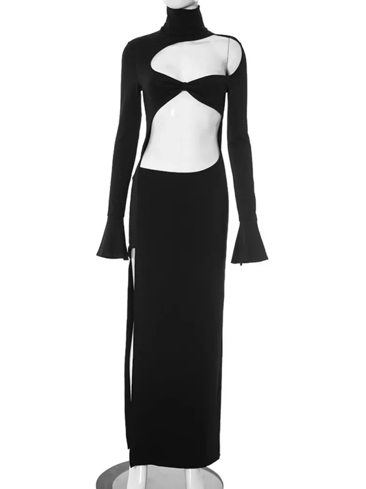 Mozision Hollow Out Long Sleeve Sexy Maxi Dress Women Black Half High Collar High Split Bodycon Club Party Long Dress Elegant