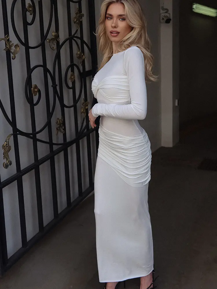 Mozision Long Sleeve Knit Dress For Women Fashion O Neck Strapless Bodycon Maxi Dress Ladies Knitted Pullover Sweater Dress