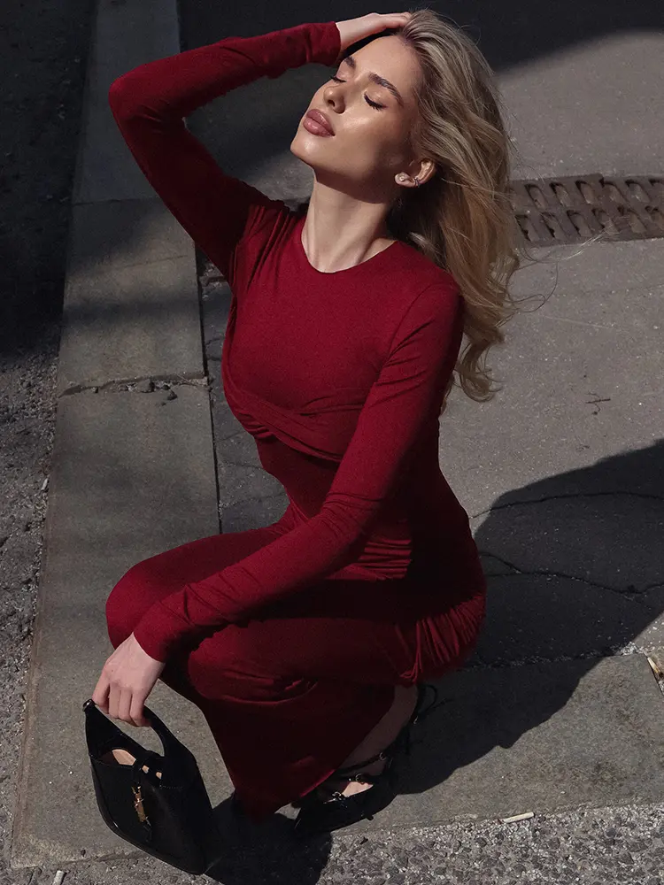 Mozision Long Sleeve Knit Dress For Women Fashion O Neck Strapless Bodycon Maxi Dress Ladies Knitted Pullover Sweater Dress