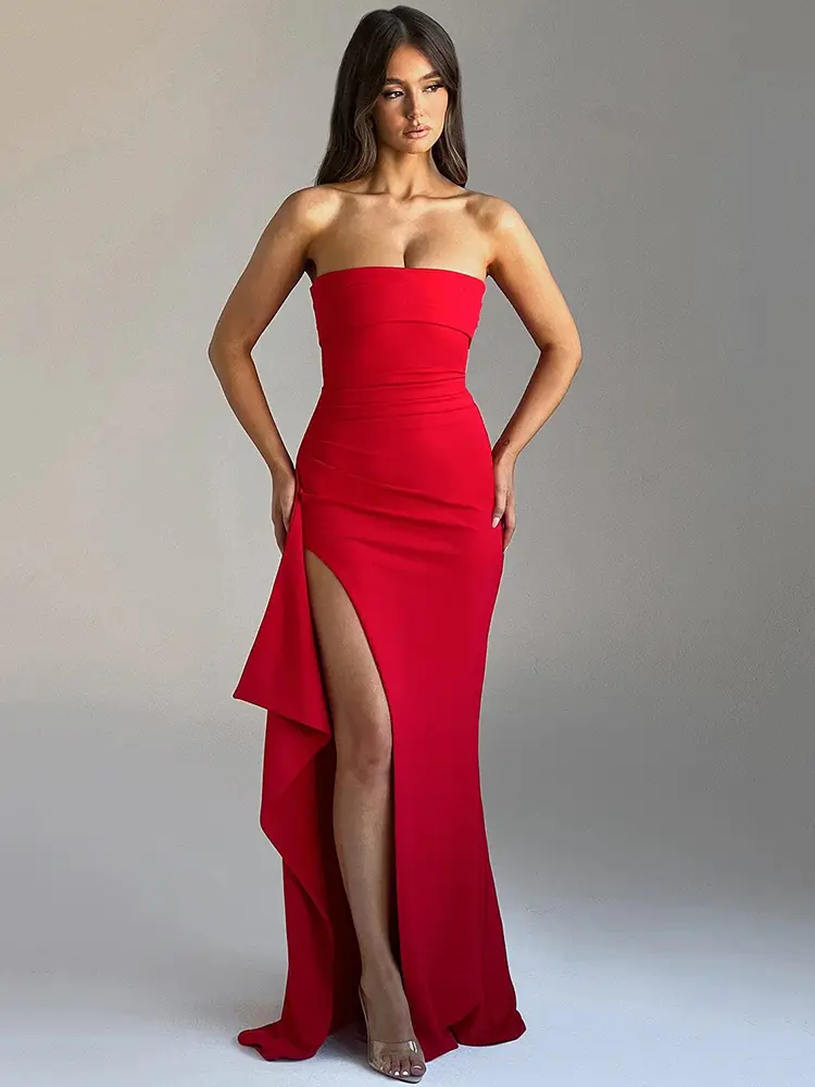 Mozision Strapless Backless High Split Maxi Dress Women Fashion Off-shoulder Sleeveless Bodycon Club Party Long Dress Elegant