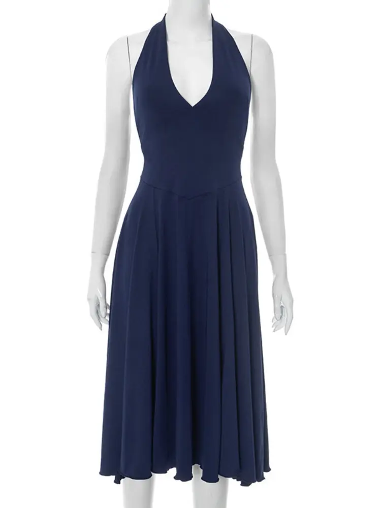 Mozision Halter Deep V Neck Sexy Midi Dress Women Fashion Sleeveless Backless High Waist A-line Pleated Club Party Long Dress
