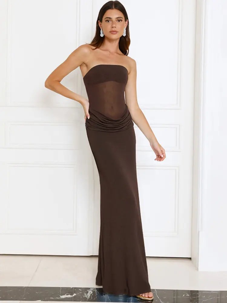 Mozision Off-shoulder Strapless Ruched Sexy Maxi Dress Women Fashion Mesh See Through Sleeveless Backless Bodycon Club Dresses