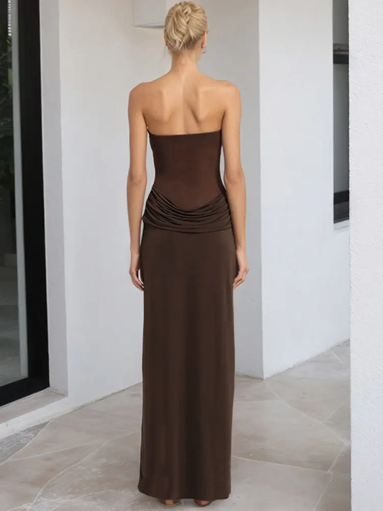 Mozision Off-shoulder Strapless Ruched Sexy Maxi Dress Women Fashion Mesh See Through Sleeveless Backless Bodycon Club Dresses