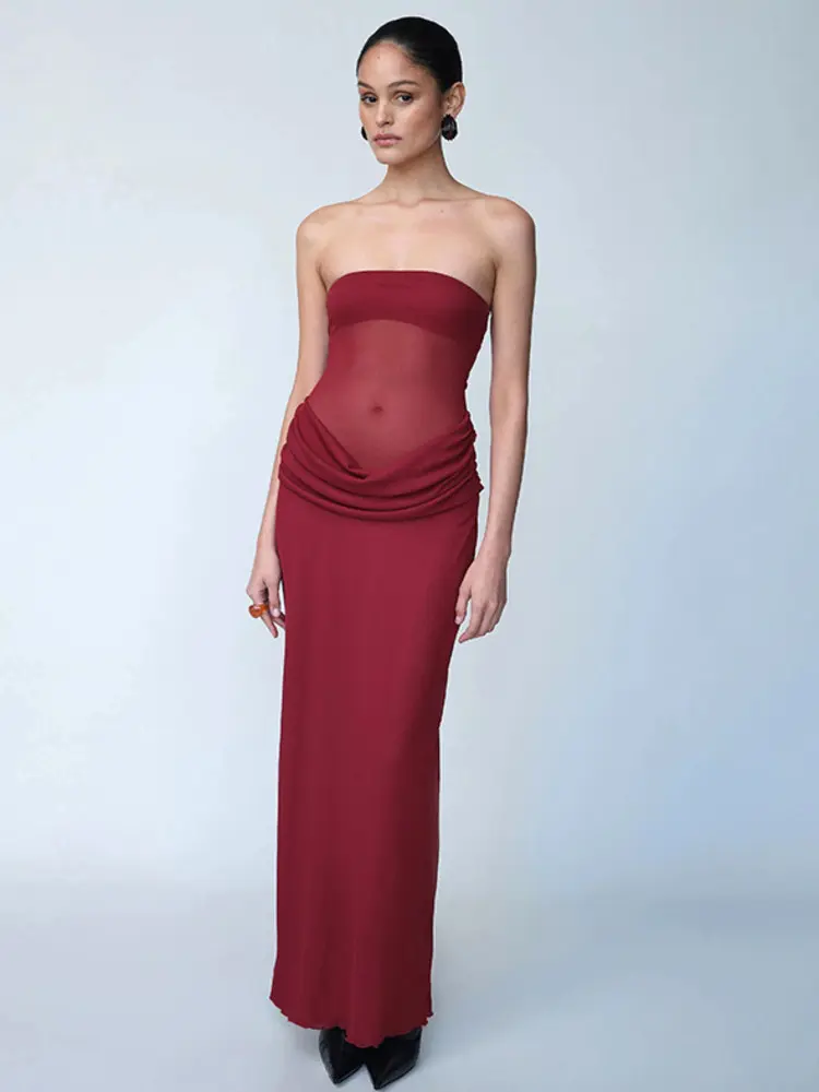 Mozision Off-shoulder Strapless Ruched Sexy Maxi Dress Women Fashion Mesh See Through Sleeveless Backless Bodycon Club Dresses