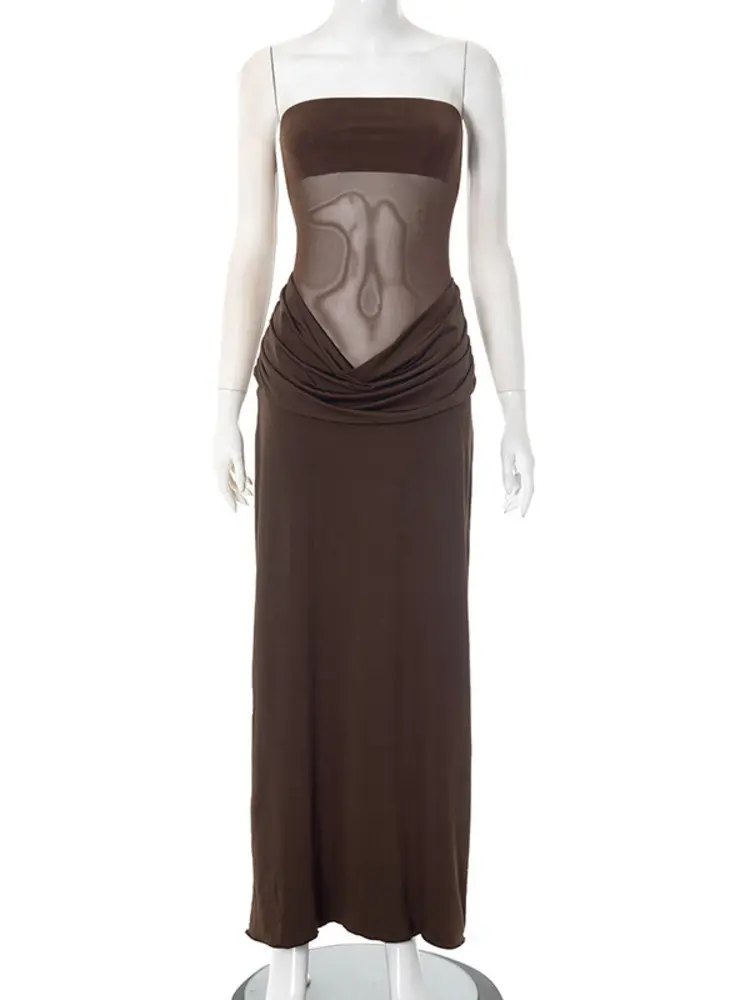 Mozision Off-shoulder Strapless Ruched Sexy Maxi Dress Women Fashion Mesh See Through Sleeveless Backless Bodycon Club Dresses