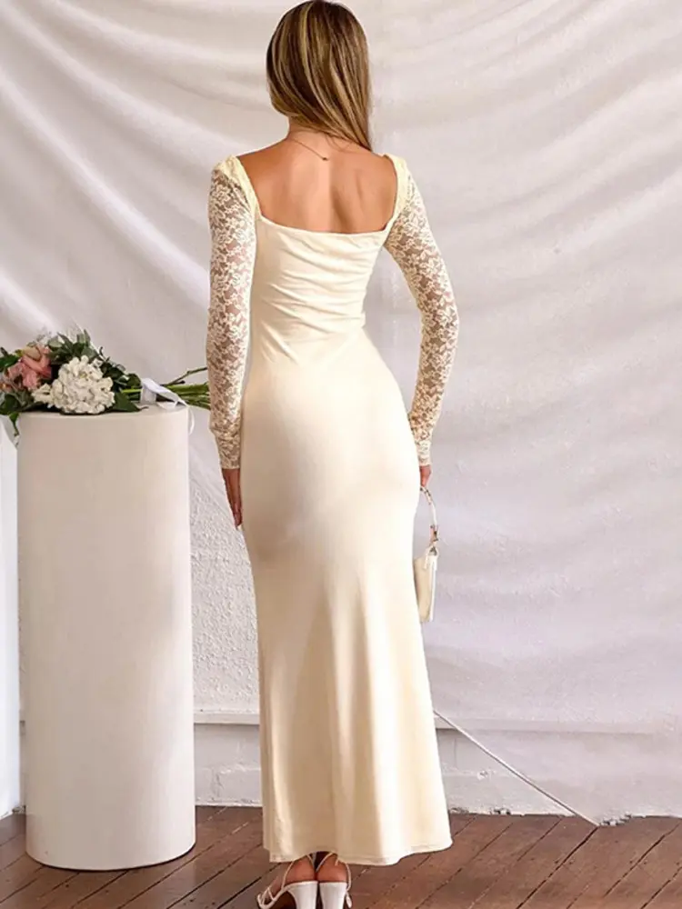 Mozision Lace Long Sleeve Sexy Maxi Dress For Women Fashion Square Collar Backless Bodycon Club Party Long Dress Elegant 2025