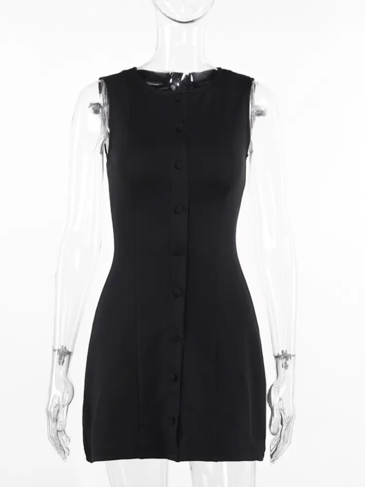 Mozision Fashion Sleeveless Sexy Mini Dress For Women New O Neck Single-btrasted Bodycon Club Party Tank Dress Femme Clothes