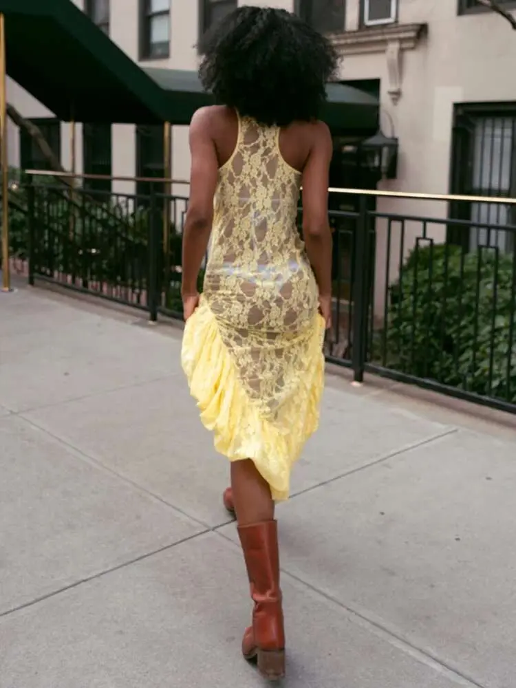 Mozision Lace See Through Ruffle Sexy Midi Dress Women Gown Summer Fashion High Waist Slim Thigh High Split Elegant Long Dress