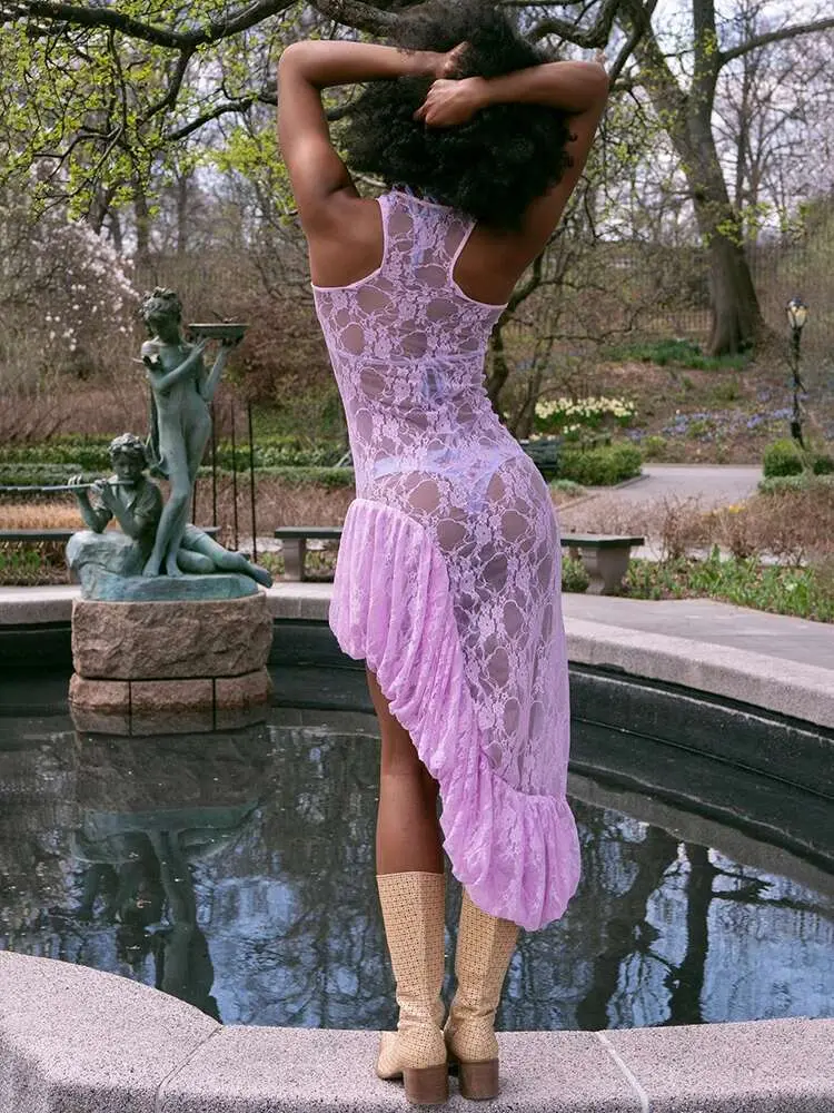 Mozision Lace See Through Ruffle Sexy Midi Dress Women Gown Summer Fashion High Waist Slim Thigh High Split Elegant Long Dress