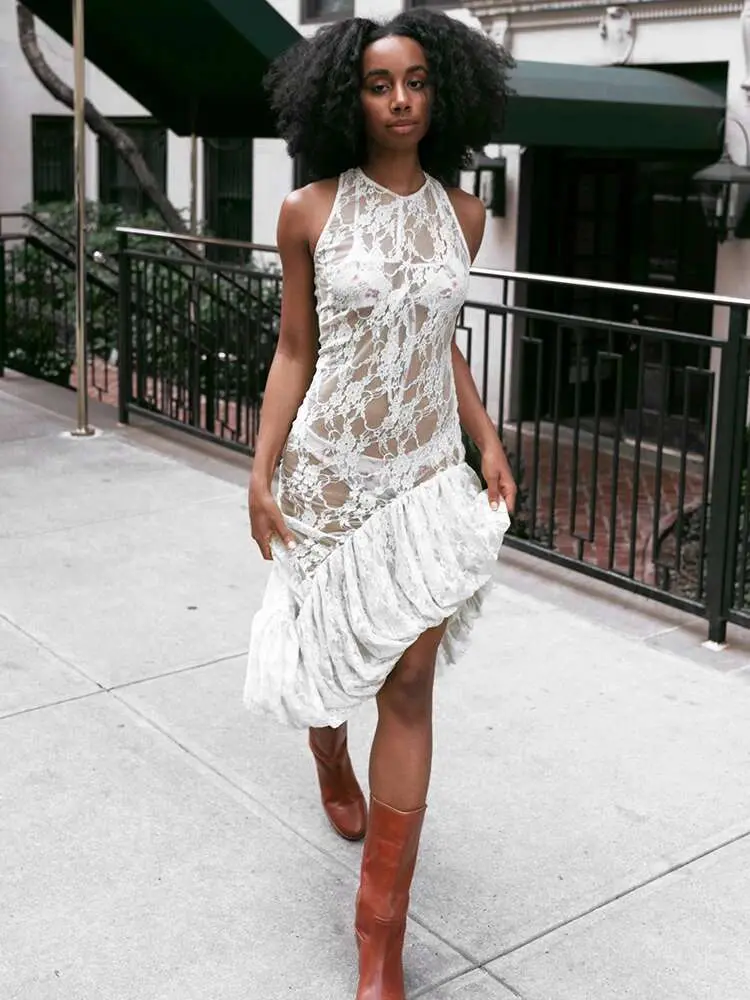 Mozision Lace See Through Ruffle Sexy Midi Dress Women Gown Summer Fashion High Waist Slim Thigh High Split Elegant Long Dress