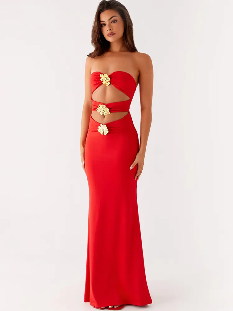 Mozision Metal Rose Hollow Out Sexy Maxi Dress Women Beach Holiday Gown Strapless Off-shoulder Backless Bodycon Club Long Dress