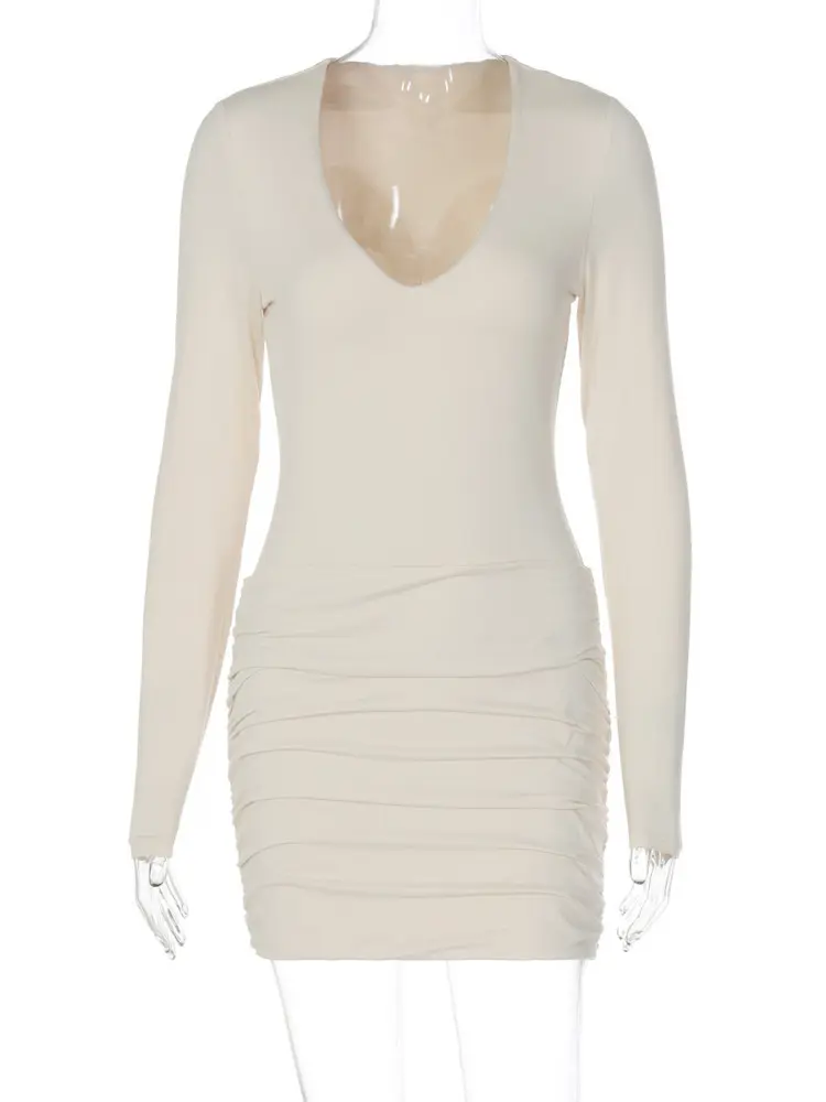Mozision Deep V Neck Long Sleeve Sexy Mini Dress Women Autumn Winter Fashion Solid High Waist Ruched Club Party Dresses Female