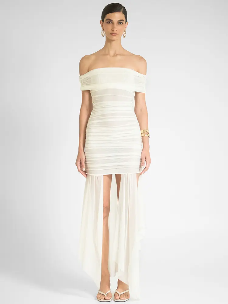 Mozision Mesh Off-shoulder Backless Sexy Maxi Dress For Women Fashion Strapless Sleeveless Split Ruched Bodycon Club Party Dress