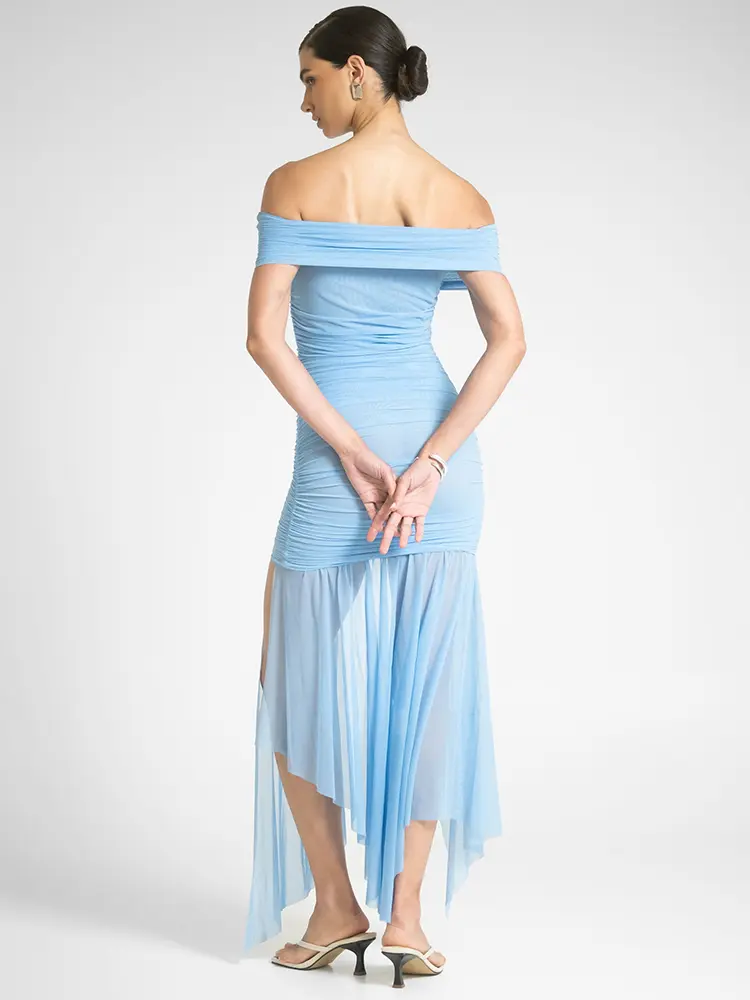 Mozision Mesh Off-shoulder Backless Sexy Maxi Dress For Women Fashion Strapless Sleeveless Split Ruched Bodycon Club Party Dress
