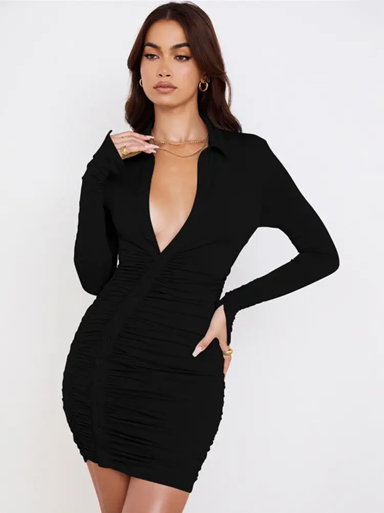 Mozision Casual Ruched Bodycon Mini Dress Women Autumn Turn-down Collar Button Dresses Female Fashion Slim Party Dress Vestidos