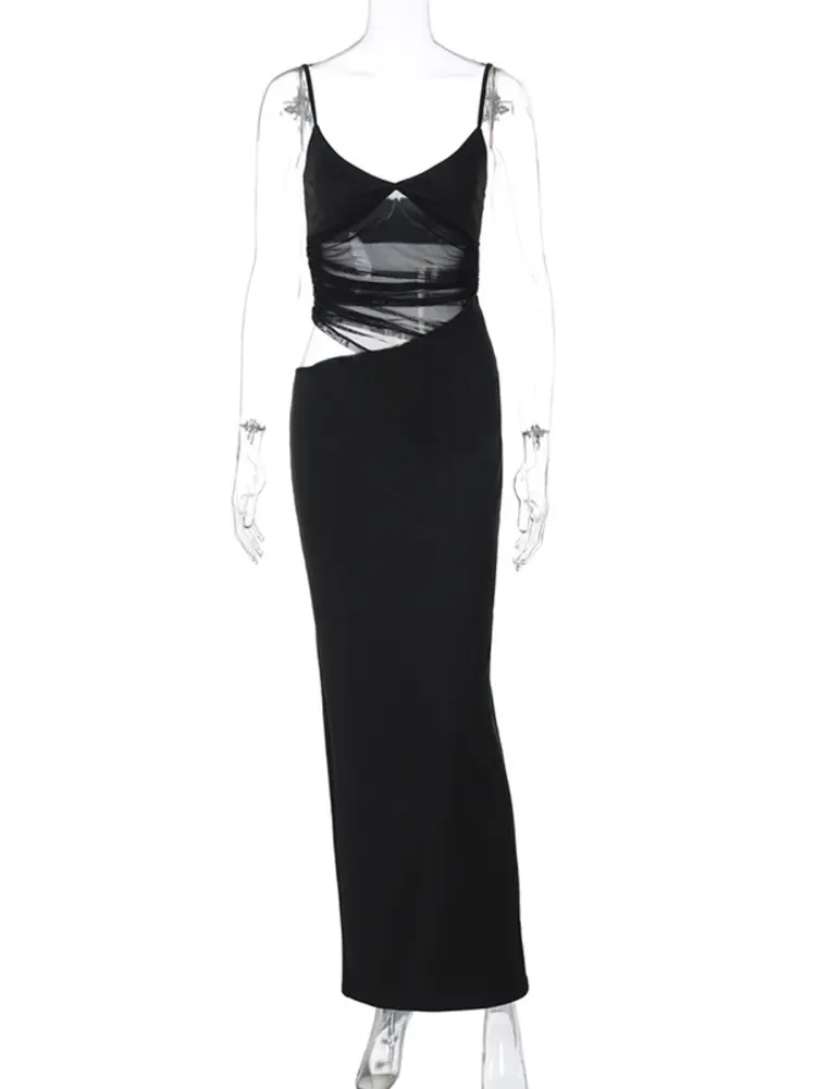 Mozision Sheer Mesh Backless Sexy Maxi Dress For Women Black Hollow Out Spaghetti Strap Sleeveless Bodycon Club Long Dress