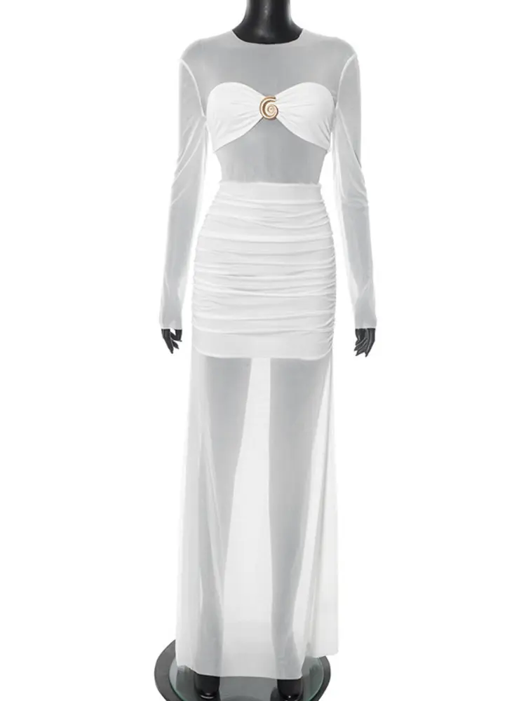 Mozision Mesh Sexy See Through Maxi Dress Women Elegant Long Sleeve O Neck High Waist Bodycon Patchwork Sexy Club Party Dress