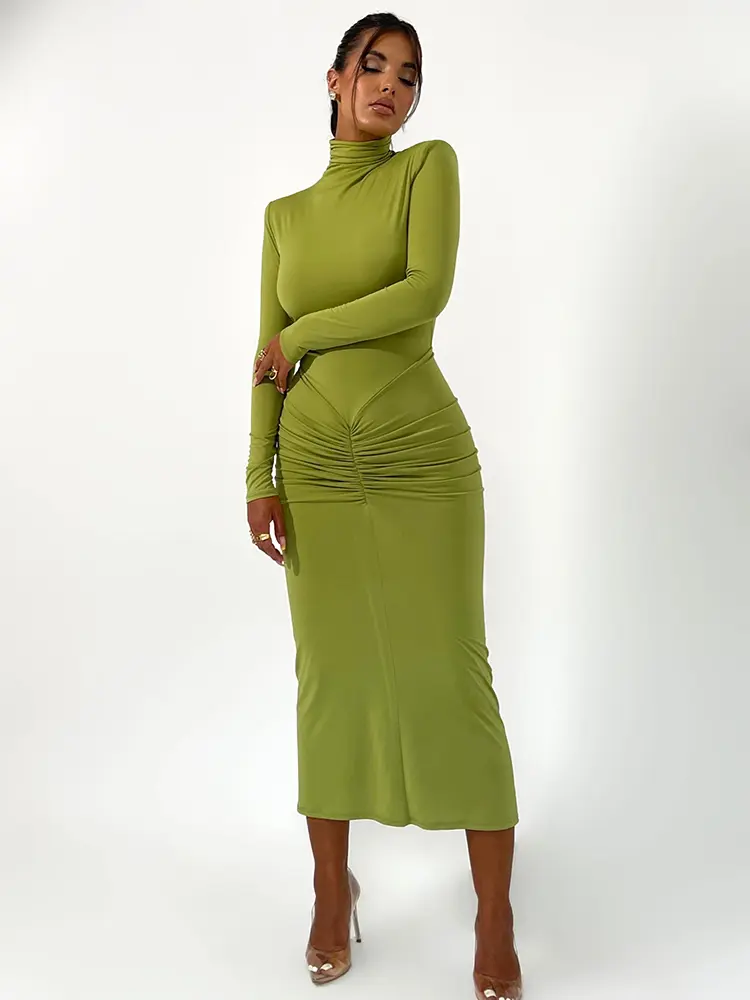 Mozision Elegant Turtleneck Long Sleeve Bodycon Maxi Dress Women Autumn Winter New Ruched Club Party Sexy Dress Vestidos