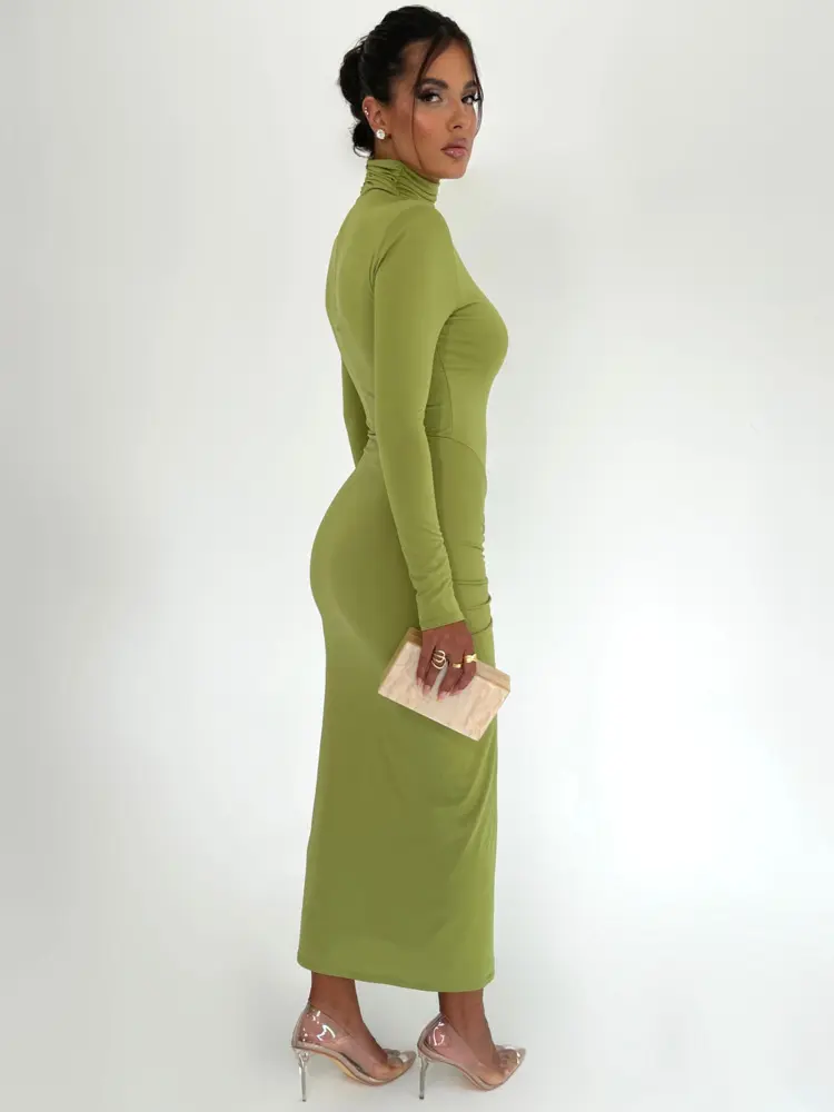 Mozision Elegant Turtleneck Long Sleeve Bodycon Maxi Dress Women Autumn Winter New Ruched Club Party Sexy Dress Vestidos