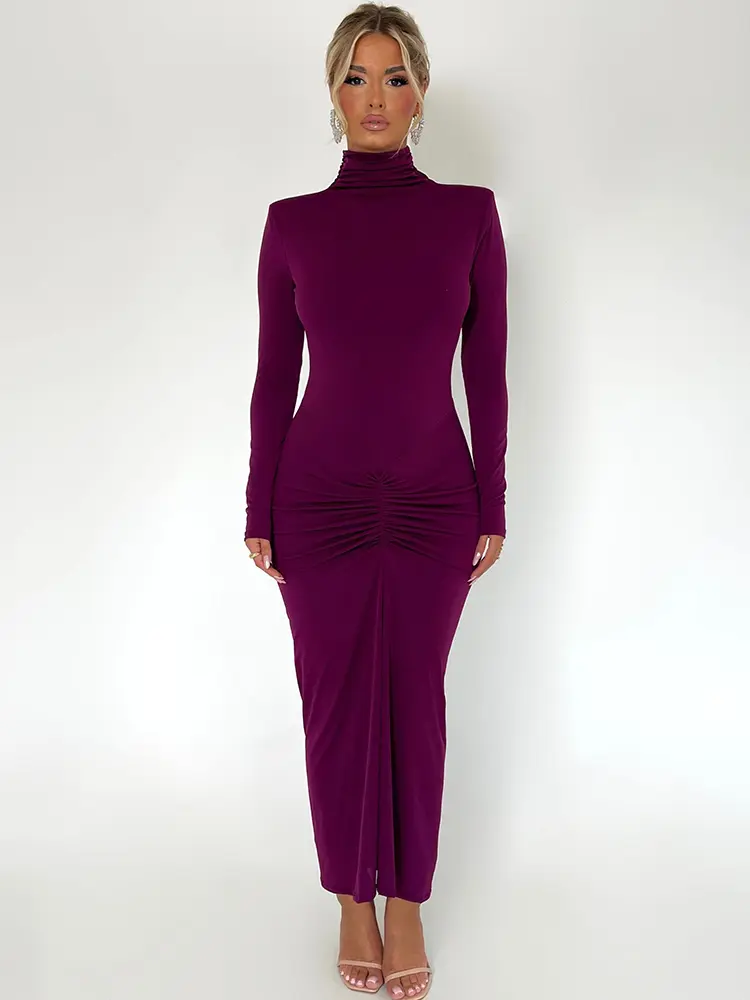 Mozision Elegant Turtleneck Long Sleeve Bodycon Maxi Dress Women Autumn Winter New Ruched Club Party Sexy Dress Vestidos