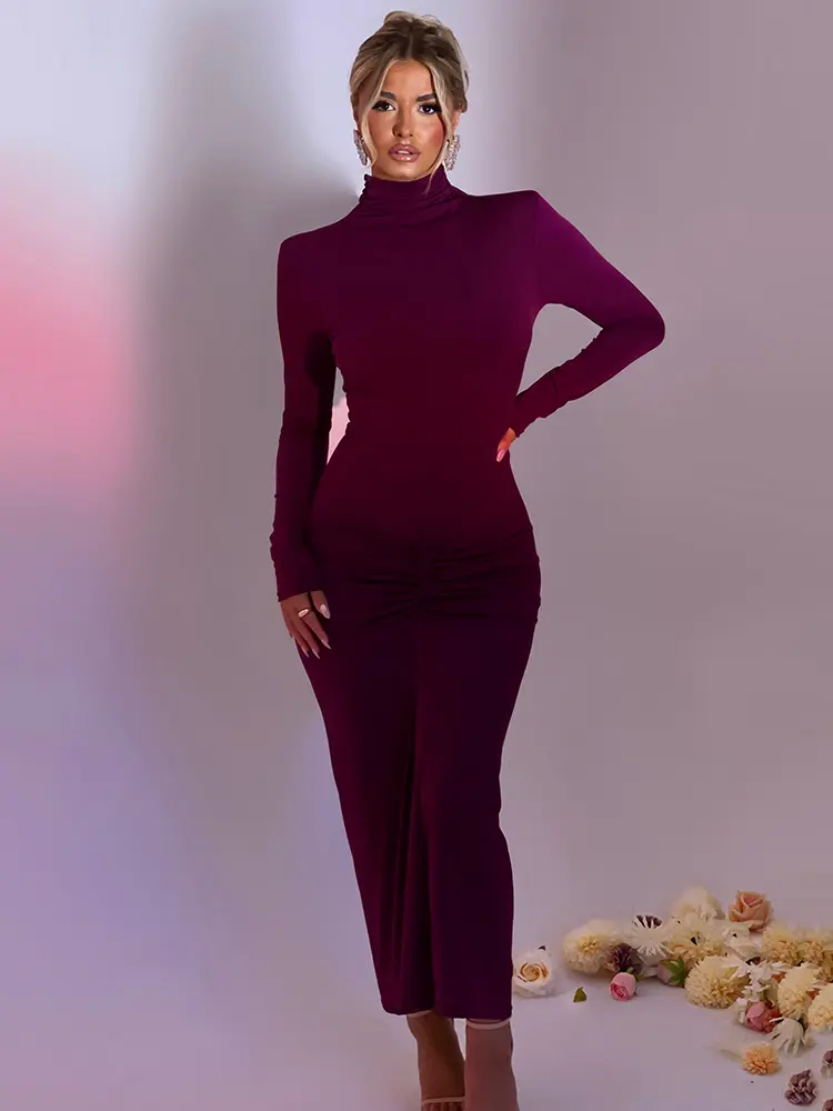 Mozision Elegant Turtleneck Long Sleeve Bodycon Maxi Dress Women Autumn Winter New Ruched Club Party Sexy Dress Vestidos