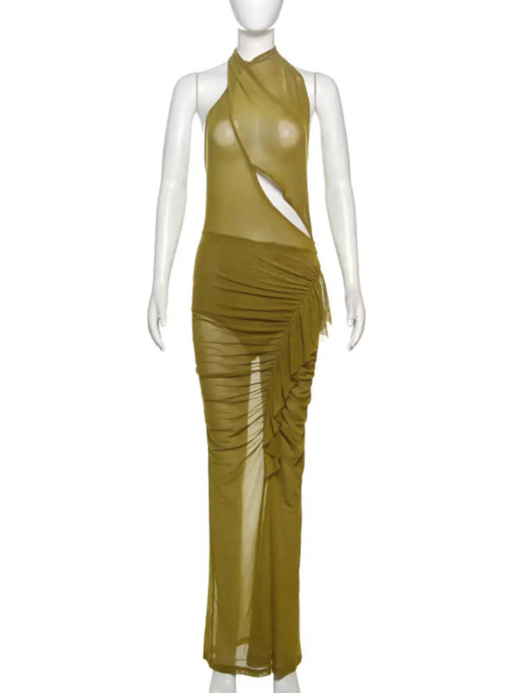 Mozision Mesh Ruffled Ruched Sexy Maxi Dress For Women Gown Fashion Solid Sleeveless Backless Bodycon Club Long Dress Vestido