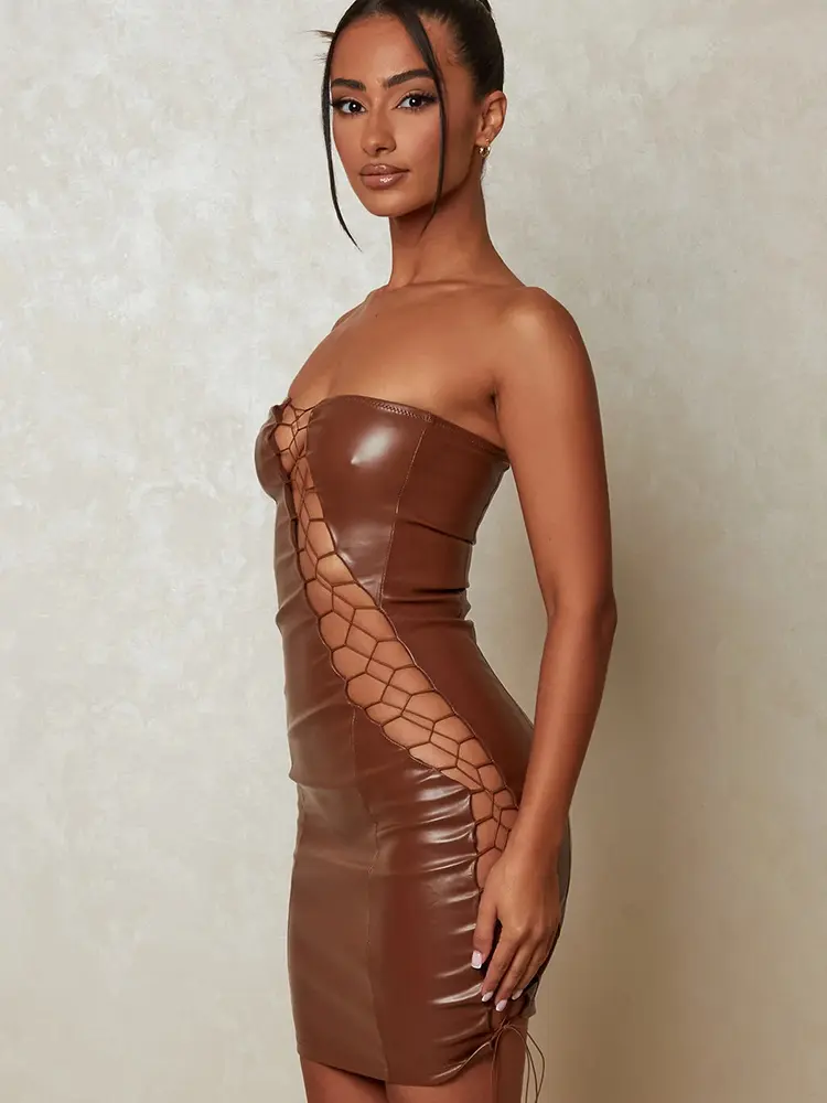 Mozision Hollow Out PU Leather Sexy Mini Dresses For Women Strapless Sleeveless Backless Bodycon Party Short Dress Vestido