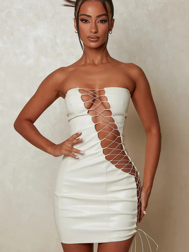 Mozision Hollow Out PU Leather Sexy Mini Dresses For Women Strapless Sleeveless Backless Bodycon Party Short Dress Vestido