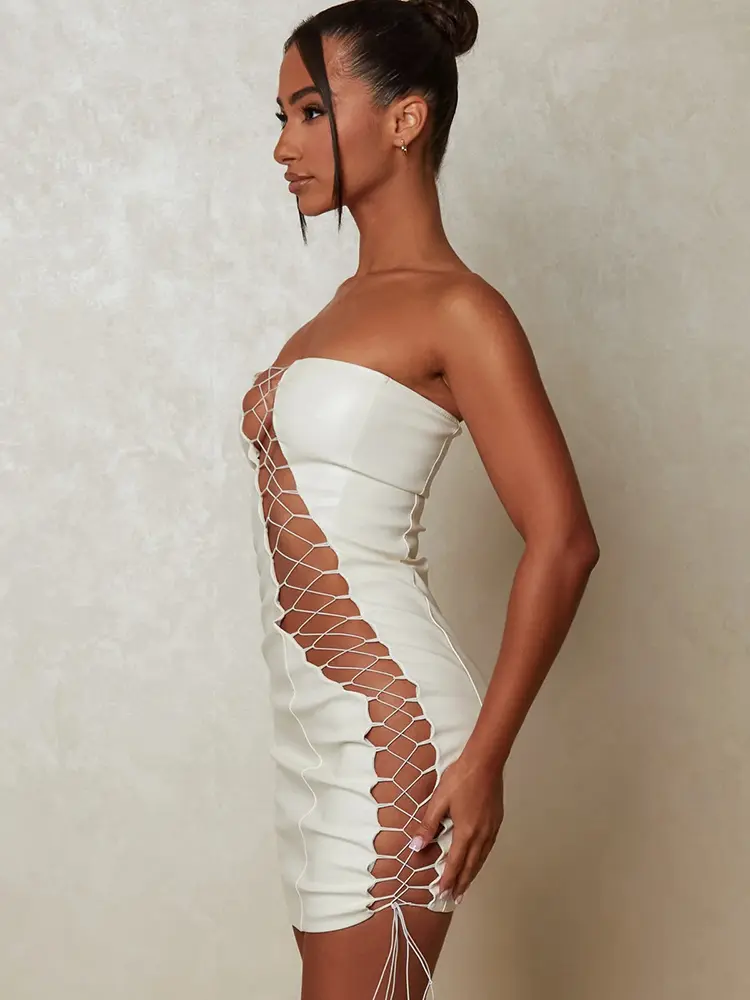 Mozision Hollow Out PU Leather Sexy Mini Dresses For Women Strapless Sleeveless Backless Bodycon Party Short Dress Vestido