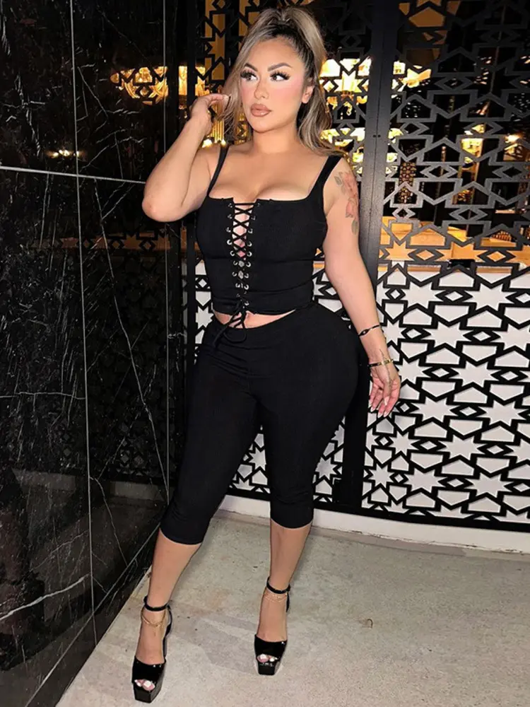 Mozision Sexy Ribbed Shorts 2 Piece Sets Women Bandage Sleeveless Tops And Skinny Shorts Fashion Lace-up Tops Two Piece Sets