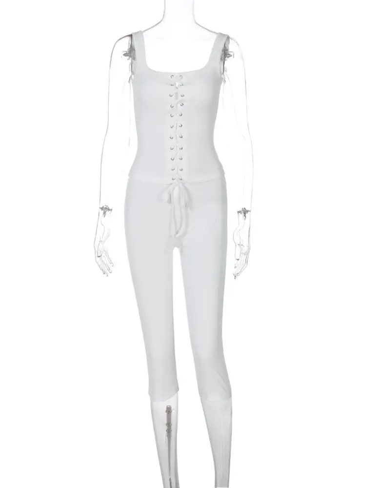 Mozision Sexy Ribbed Shorts 2 Piece Sets Women Bandage Sleeveless Tops And Skinny Shorts Fashion Lace-up Tops Two Piece Sets