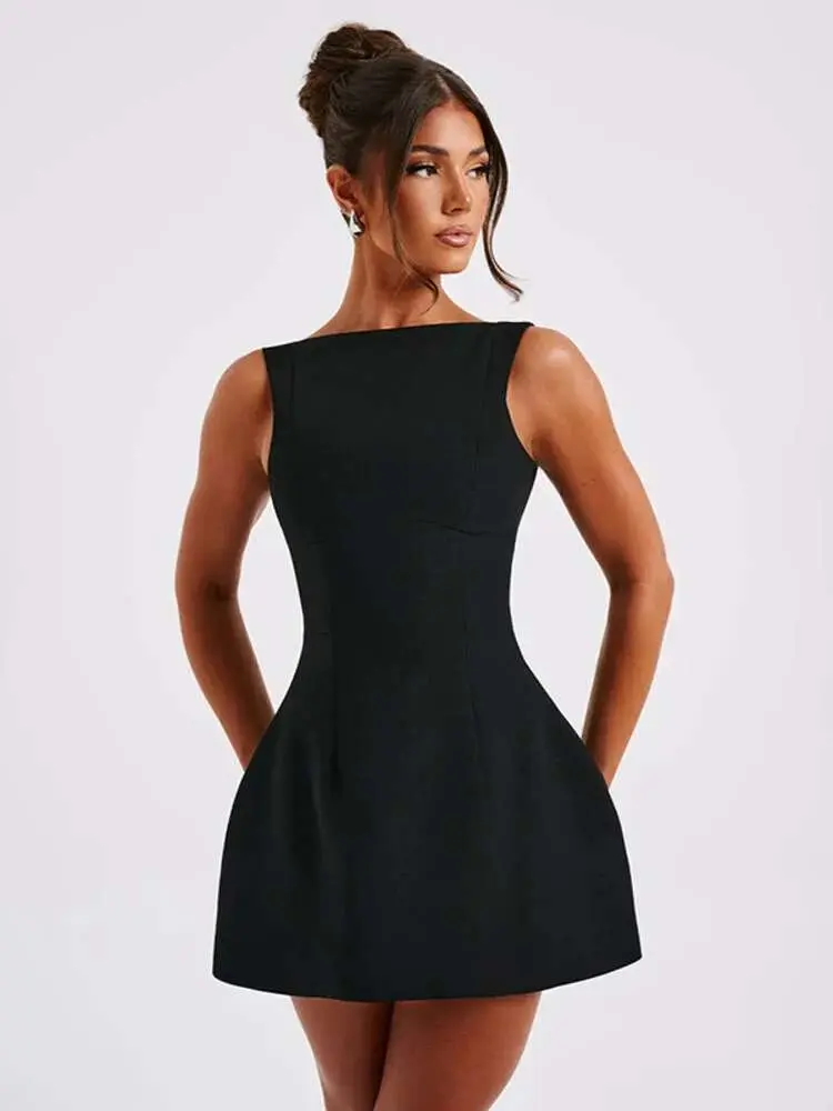 Mozision Elegant Backless Mini Tank Dress For Women Fashion Black O Neck Sleeveless Club Party A-line Basics Sexy Dress New