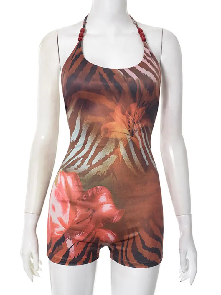 Mozision Halter Backless Print Sexy Playsuit Women Romper Fashion Lace-up Sleeveless High Waist Club Party Playsuits Female 2025