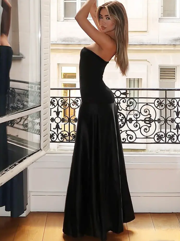 Mozision Off-shoulder Strapless Sexy Maxi Dress For Women Gown Solid Fashion Backless Sleeveless High Waist Bodycon Long Dress
