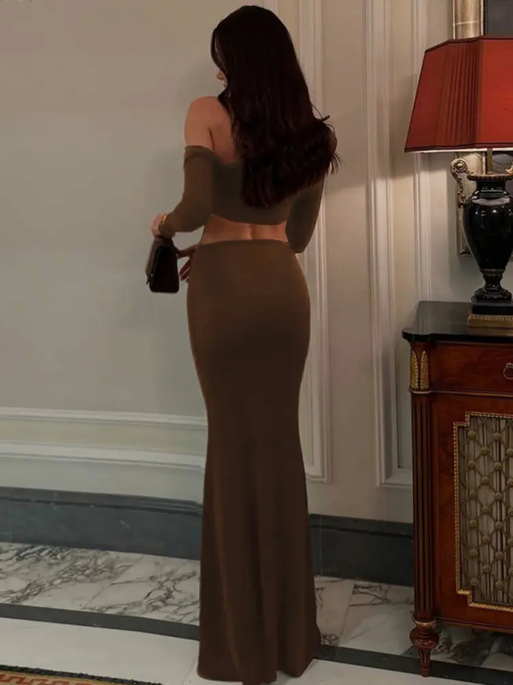 Mozision Fashion Brown Two Piece Set Women Inclined Shoulder Long Sleeve T-shirt And Maxi Skirt Matching Sets Elegant Dress Set