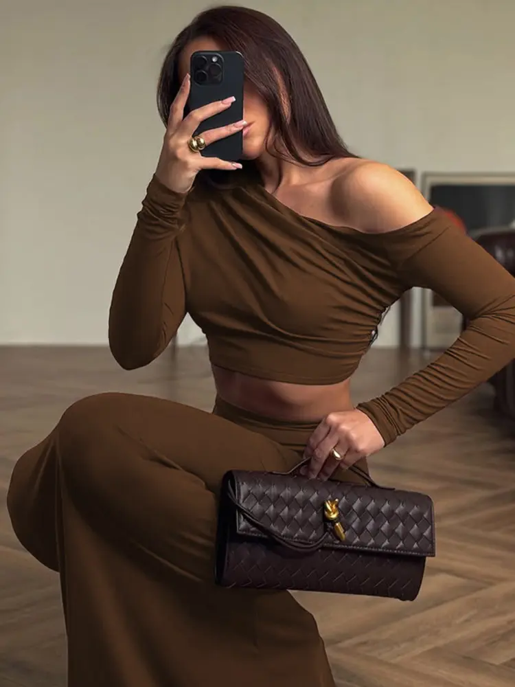 Mozision Fashion Brown Two Piece Set Women Inclined Shoulder Long Sleeve T-shirt And Maxi Skirt Matching Sets Elegant Dress Set