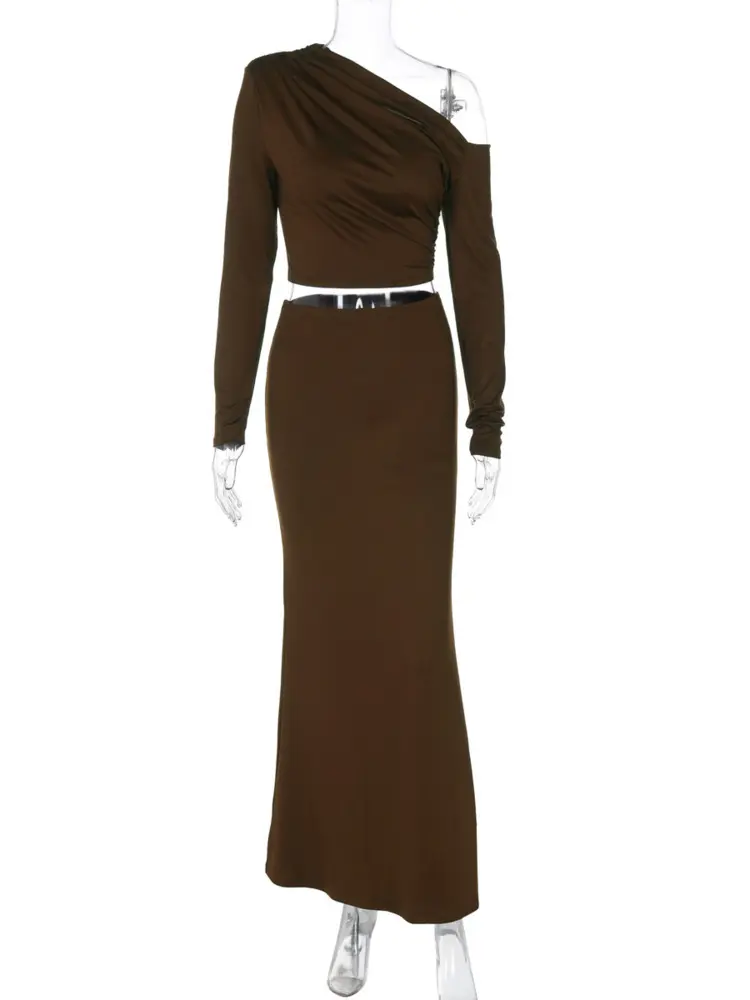 Mozision Fashion Brown Two Piece Set Women Inclined Shoulder Long Sleeve T-shirt And Maxi Skirt Matching Sets Elegant Dress Set