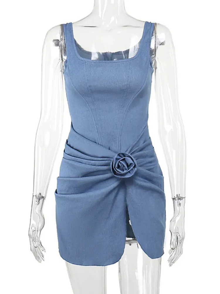 Mozision Flower Denim Mini Dress For Women Fashion Strapless Backless Ruched Dresses Femme Sleeveless Skinny Sexy Dress